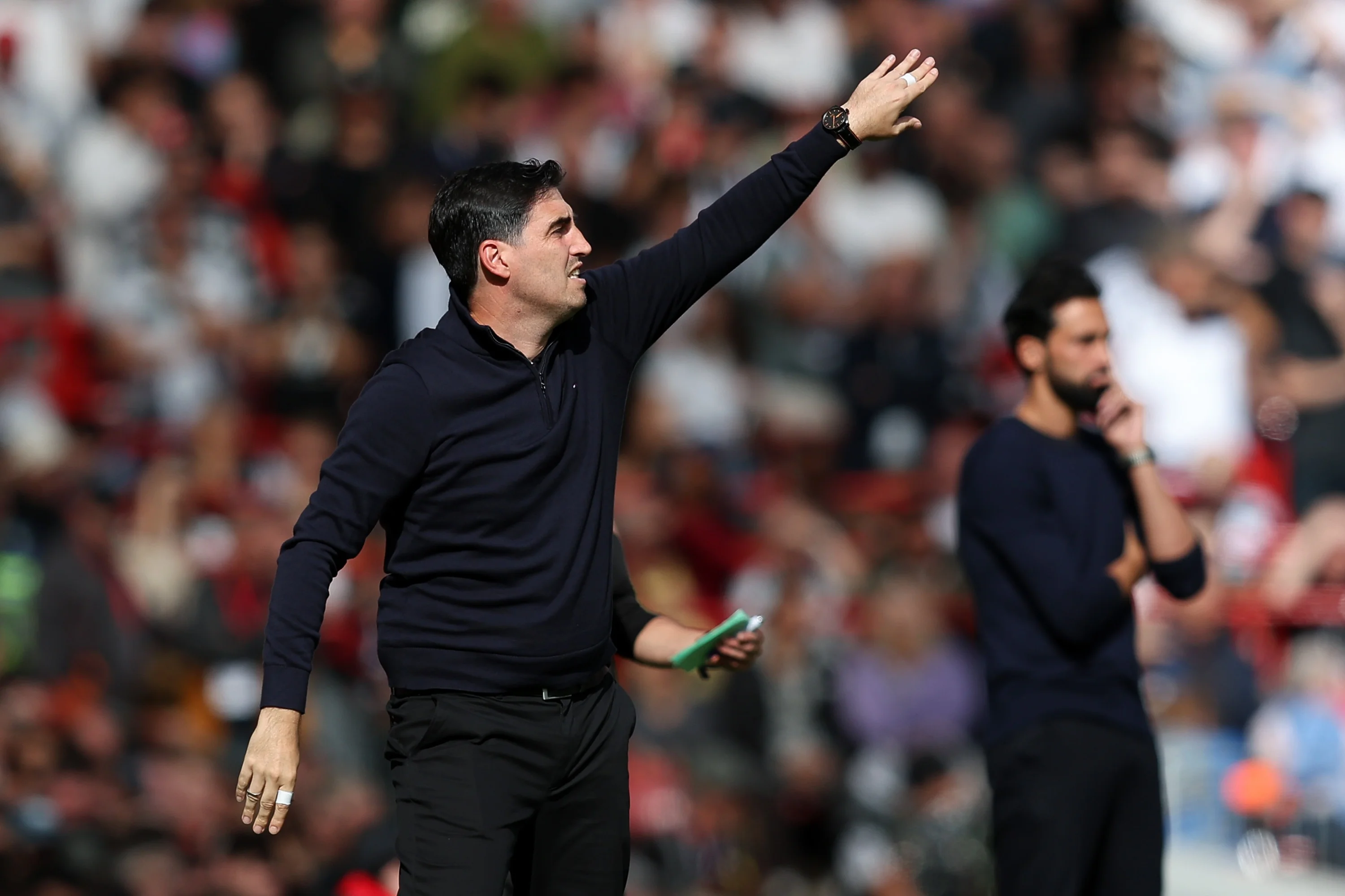 Liverpool manager Andoni Iraola on the sidelines.