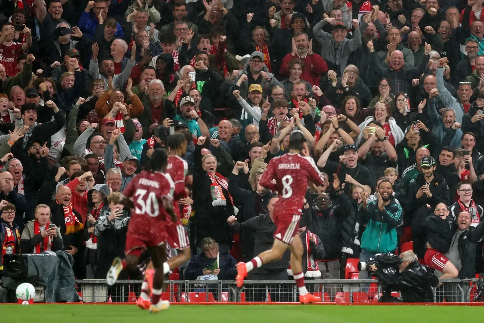 Dominik Szoboszlai runs off to celebrate his wonder goal against Spurs